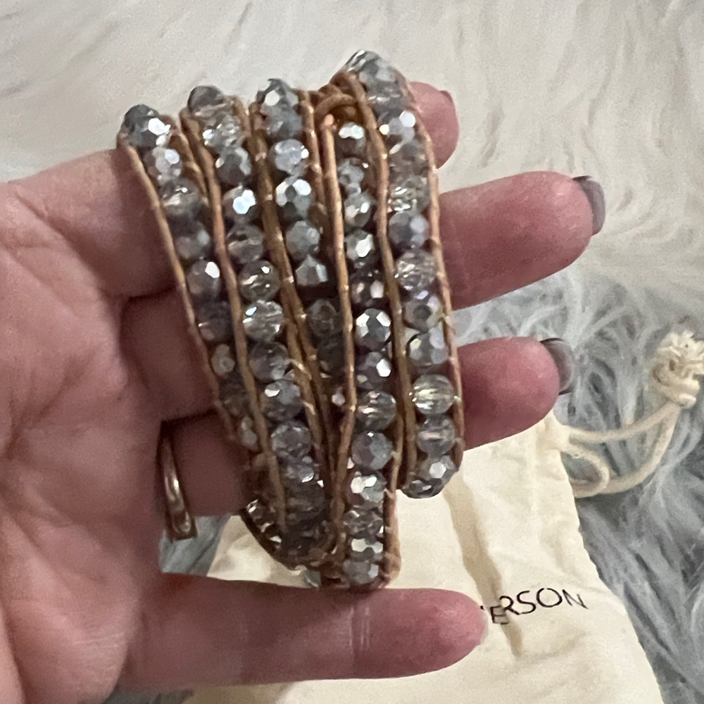 Victoria Emerson Silver Crystal and Tan Leather Wrap Bracelet